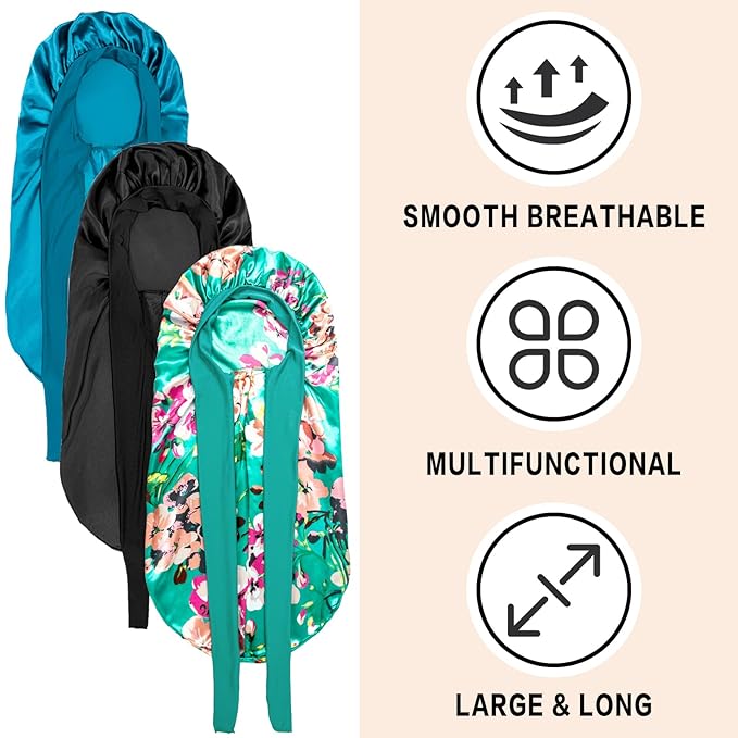 3Pcs Bonnets for Black Women Braid Bonnet, Large Long Satin Bonnet for Braids Sleeping, Black Women Satin Silk Bonnet (3Pcs-Black&Blue&Flower)