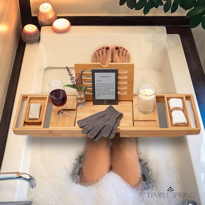 Temple Spring Wooden Bathtub Tray, Bamboo Bathroom Accessories, Bath Tray for Tub, at Home Spa Essentials, Board for Tub Table, Bath Caddy for Bathtub Accessories & Bathroom Essentials – Natural