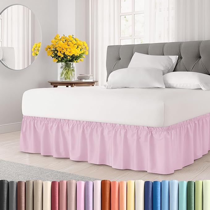 Wrap Around Dust Ruffle Bed Skirt - Light Pink - for Queen Size Beds with 15 Inch Drop - Elastic Strap - Adjustable Pleated Bedskirt with Brushed Fabric and Wrinkle Free - For Women, Men, Kids & Teens