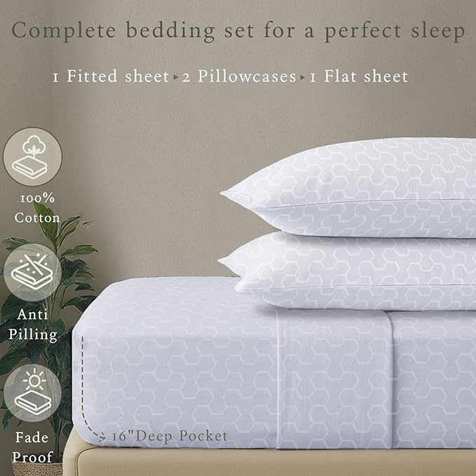 Threadmill 500 Thread Count King Size 4 Pc Luxury Cotton Bed Sheet Set, Jacquard Floria Hotel White, Silky Soft Sheets with 16" Elasticized Deep Pocket, 2 Pillowcases & Free Tote Bag