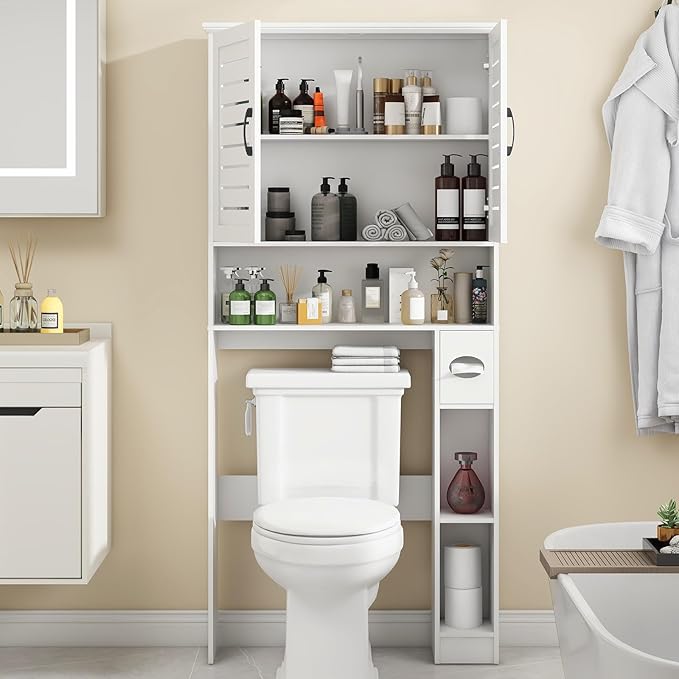 Over The Toilet Storage Cabinet, Wood Over Toilet Bathroom Organizer Cabinet with 2 Doors, Freestanding Home Space Save Toilet Rack for Restroom, Bathroom, Laundry, White