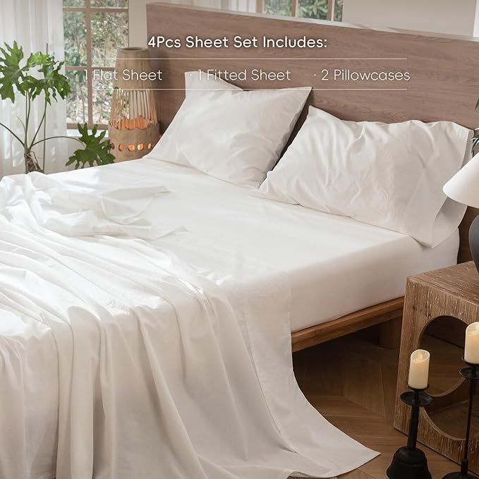 MooMee Bedding Sheet Set 100% Washed Cotton Linen Like Textured Breathable Durable Soft Comfy (Solid Off White, California King)
