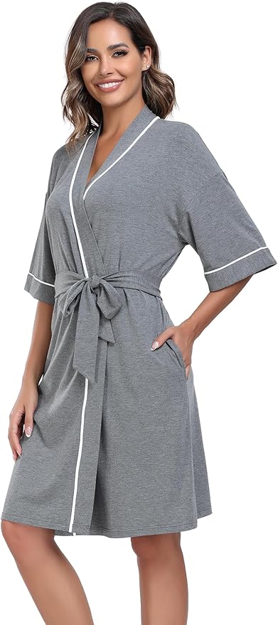 COLORFULLEAF Womens Bamboo Short Robes Lightweight Kimono Cotton Robe Soft Knit Bathrobe Ladies Loungewear with Pockets
