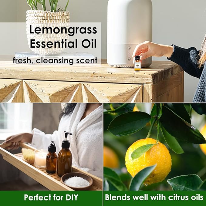 GreenHealth Lemongrass Essential Oil – 16 fl oz (473 ml) – 100% Pure & Uncut | Amber Glass Bottle for Aromatherapy, Cleaning, Candle Making & DIY Use