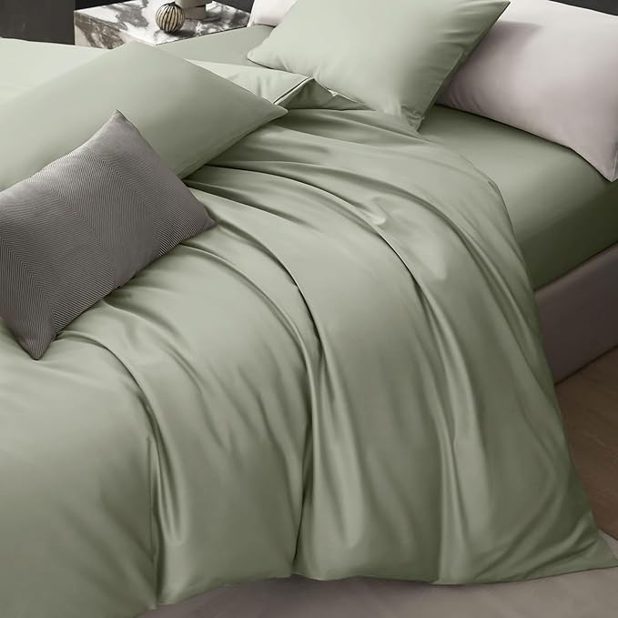 PURE ERA Duvet Cover Set 800 Thread Count Long Staple Cotton Sateen Silky Soft Luxurious Smooth 3 Piece Set Light Olive Green Queen
