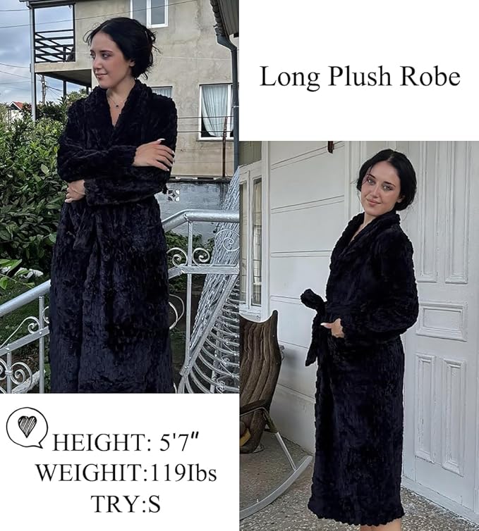 Ekouaer Women's Robe Long Plush Soft Bathrobe Jacquard Color Block Robes Shawl Collar Sleepwear with Pockets S-XXL