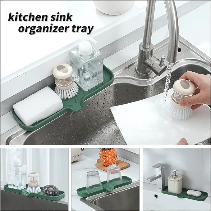 Silicone Bathroom Soap Dishes with Drain Spout-Bathroom and Kitchen Sink Organizer,Sponge Holder,Dish Soap Tray,Perfect for Dispenser,Scrubber,Bottle,Cup on Sink or Counter-Green 12"×4"