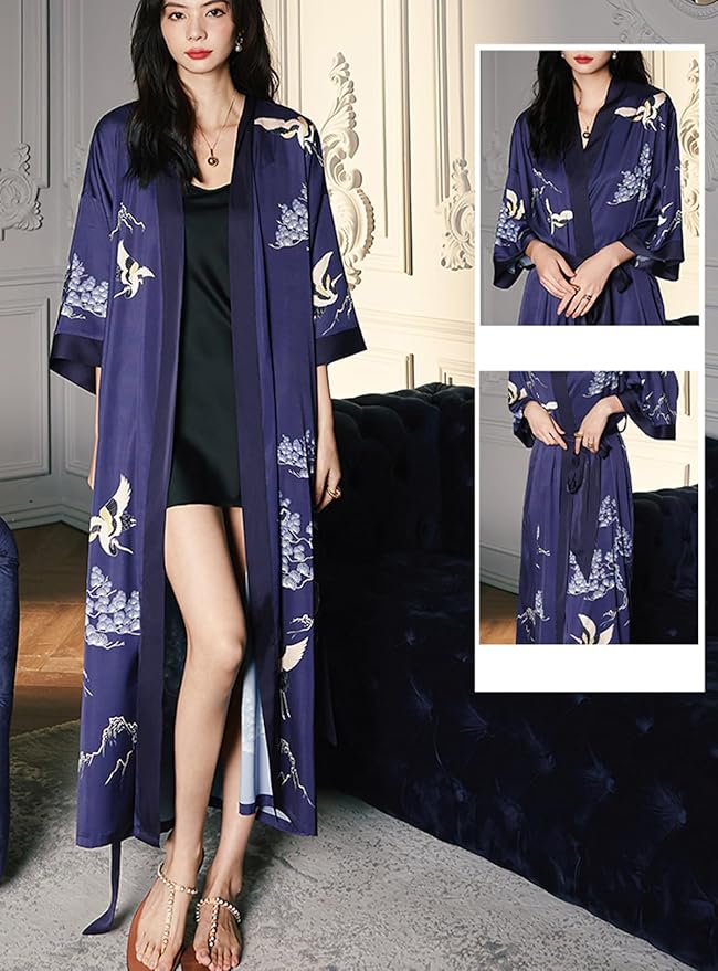 Silk Satin Robe for Women Long Japanese Kimono Robe Lightweight Soft Bathrobe Floral Luxury Dressing Gown
