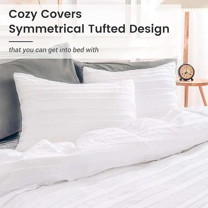 NEXHOME PRO Duvet Cover Full Size, White 3 Pieces Boho Tufted Duvet Cover Set, Soft and Lightweight Microfiber Comforter Cover Set for All Season (White Full, 80 x 90)-No Comforter