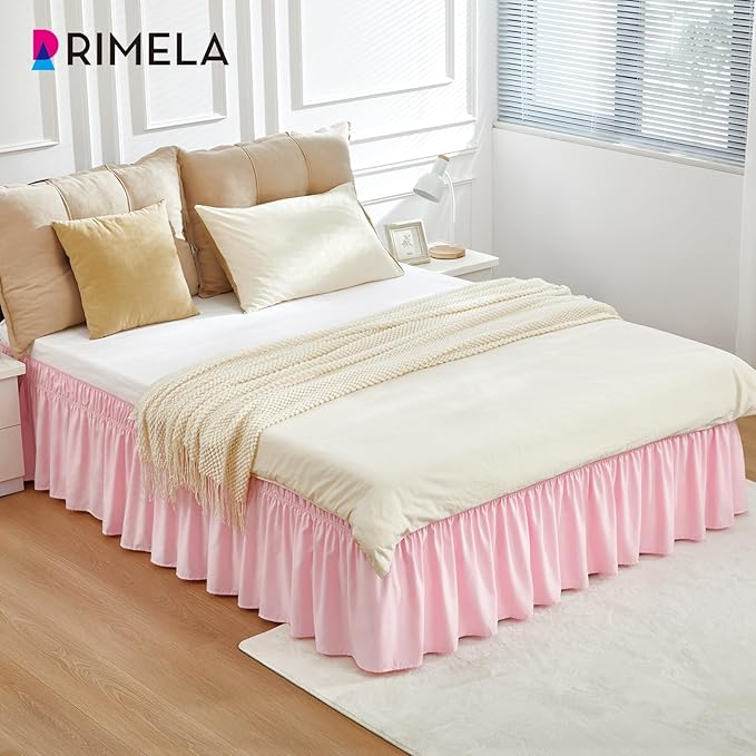 RIMELA Pink Bed Skirt Queen Size 18 Inch Drop, Elastic Bed Skirting for Bed Base and Frame, Bedding Dust Ruffle Easy to Install, Lightweight Wrap Around Adjustable Bedskirt