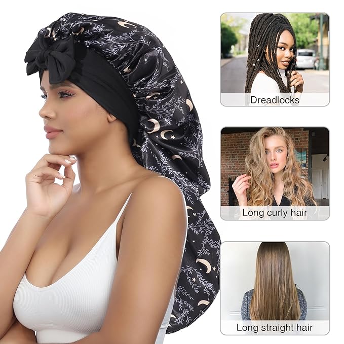 AWAYTR Long Satin Bonnet for Women - Double Layer Elastic Silk Bonnet for Braids Hair Sleeping Cap with Tie Band (Star and Moon+Black)