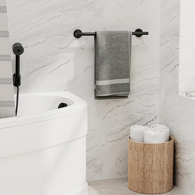 Matte Black Towel Bar, 16 Inch Bathroom Towel Rack, Towel Holder Wall Mounted, Thicken SUS304 Stainless Steel Towel Rod Modern Home Decor (Total Length 18-Inch)