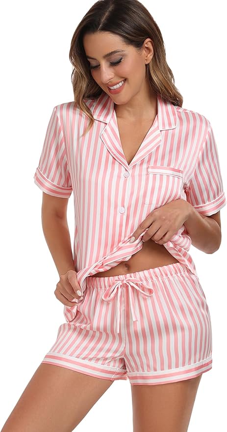 Women's Satin Pajama Set 2-Piece Sleepwear Loungewear Button Down Short Sleeve Silky PJ Set