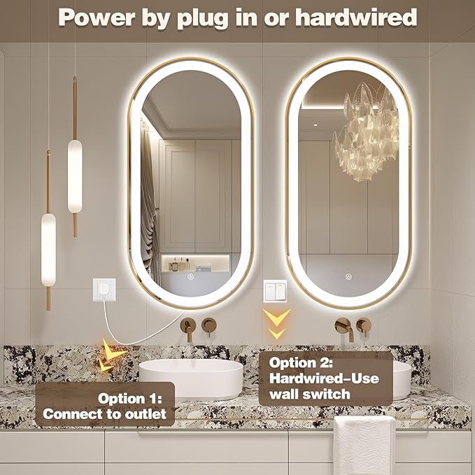 48" x 24" Oval LED Bathroom Mirror with Lights, Gold Metal Framed Anti-Fog LED Vanity Mirror, Lighted Bathroom Mirrors Wall Mounted, Stepless Dimmable, Shatter-Proof, Horizontal/Vertical