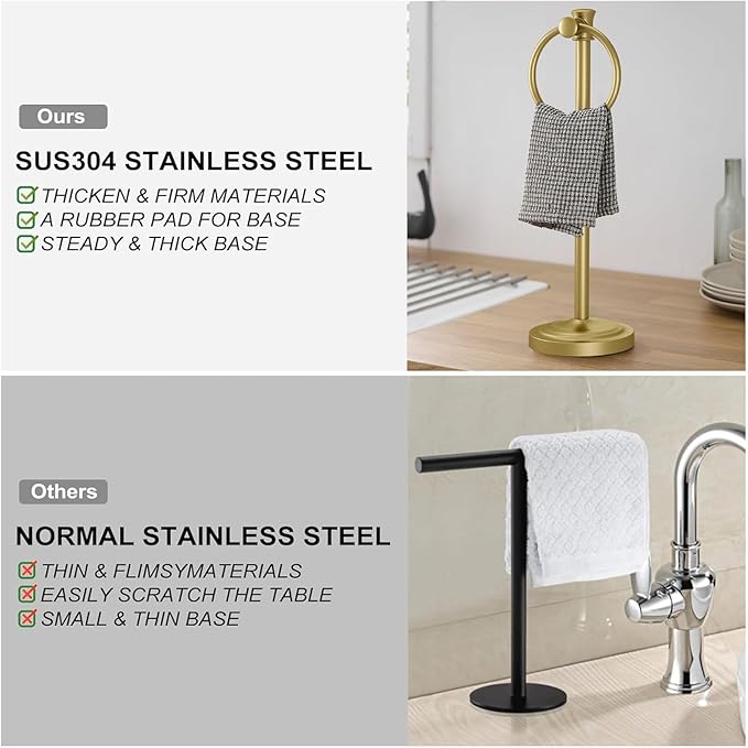 Hoimpro 17 Inch Stand Hand Towel Holder Towel Bar Towel Hanging Ring, Free Standing Floor Hand Towel Rack Storage for Bathroom Kitchen Vanity Countertops, Hardware Accessories(Brushed Gold)