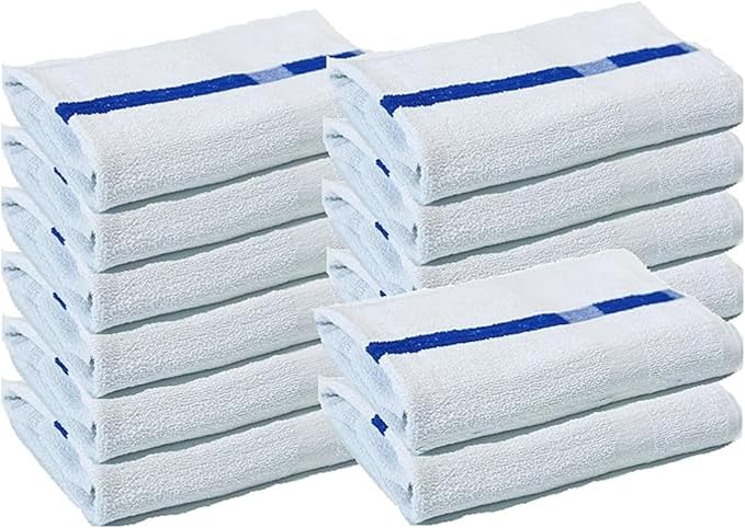Towels N More 24x48 Soft Poolside Towels - 12 Large Super Absorbent Pool Towel White and Blue Center Stripe - Ideal for Home, Pool, Spa, Gym, Hotel, Motel Rental Room Use - 100% Cotton Bath Towels