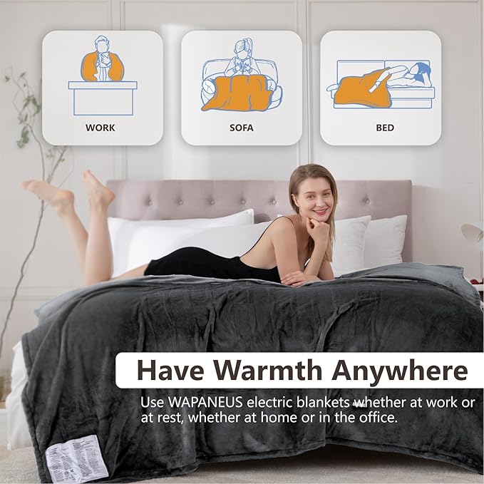 Wapaneus Heated Blanket Electric Throw 72" x 84" Full Size with 10 Heating Levels 12 Hours Time Setings and Auto-Shut Off, Flannel Fast-Heating Electric Blanket, Dark Grey