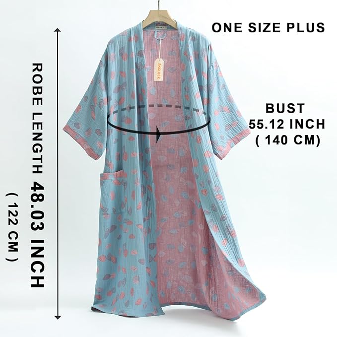 Women Cotton Double Gauze Jacquard Kimono Robe Bathrobe with Belt Pocket Comfortable Loungewear Yukata Sleepwear
