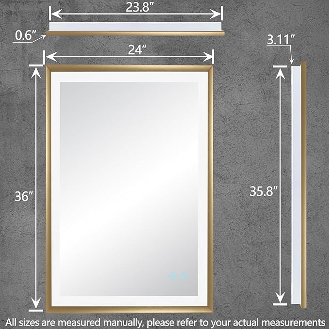 24 x 36 Gold Bathroom LED Mirror – Frontlit & Backlit Vanity Mirror with Antifog & Shatter Proof Tempered Glass, Aluminium Frame Bathroom Mirror, Comes with 3 Colour Lights Option (Gold, 24 * 36)
