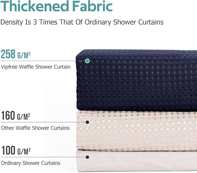 3 in 1 Shower Curtain Set, Waffle Shower Curtain and Liner Set with 12 Double Sided Shower Curtain Hooks, 258GSM Luxury Weighted Cloth Shower Curtains for Bathroom, 72 W x 84 H, Navy Blue