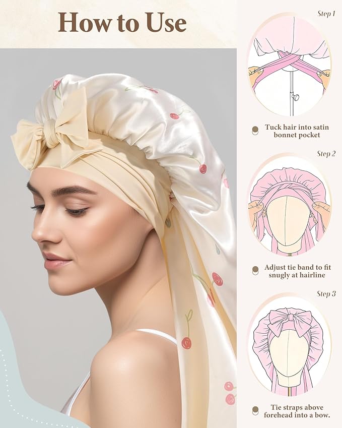 AWAYTR Long Satin Bonnet for Sleeping, Reversible Double Layer Hair Bonnet with Elastic Tie Band (Cherry Print+Beige)