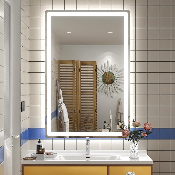 SMIROR LED Bathroom Mirror with Lights 24"x 36", Rounded Rectangle Lighted Vanity Mirror for Wall, Front Lit and Backlit, 3 Colors, Dimmable, Anti-Fog, Tempered Glass (Horizontally/Vertically)