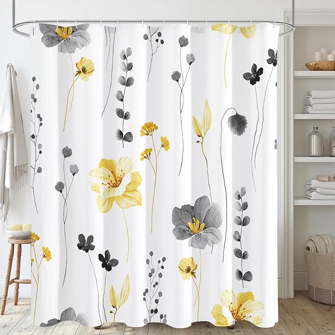 Gibelle Extra Long Shower Curtain 72 x 84, Watercolor Floral Fabric Shower Curtain, Yellow Grey Flower Decorative Bathroom Shower Curtain Set with Hooks