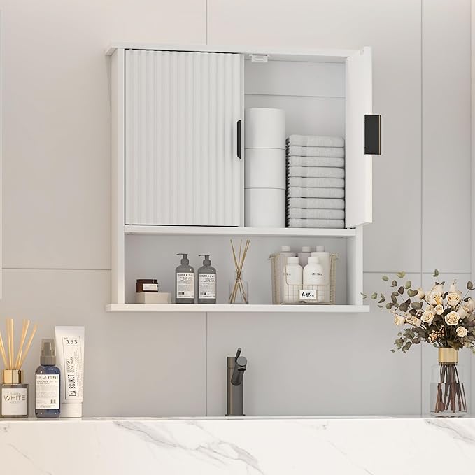 Bathroom Wall Cabinet,Farmhouse Medicine Cabinet for Bathroom with 2 Doors,Wall Mounted Medicine Cabinets Over Toilet Storage Cabinet for Laundry Room/Kitchen/Living Room,White,23 x 24
