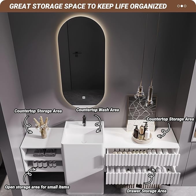 64Inch Freestanding Sink Bathroom Vanity, Wall-Mount Bathroom Cabinet with Open Storage and Striped Drawers, Solid Wood Bathroom Vanity with Smart Defog Mirror and Spacious Rock Plate Countertop