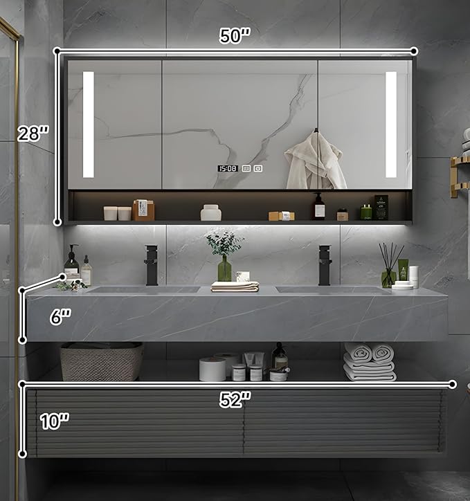 Double Sink Bathroom Vanity, Floating Bathroom Vanity with LED Smart Defogging Mirror and One-Piece Sink, Modern Bathroom Vanities with Open Floating Shelf, Rock Countertop & Faucet (Grey,52")