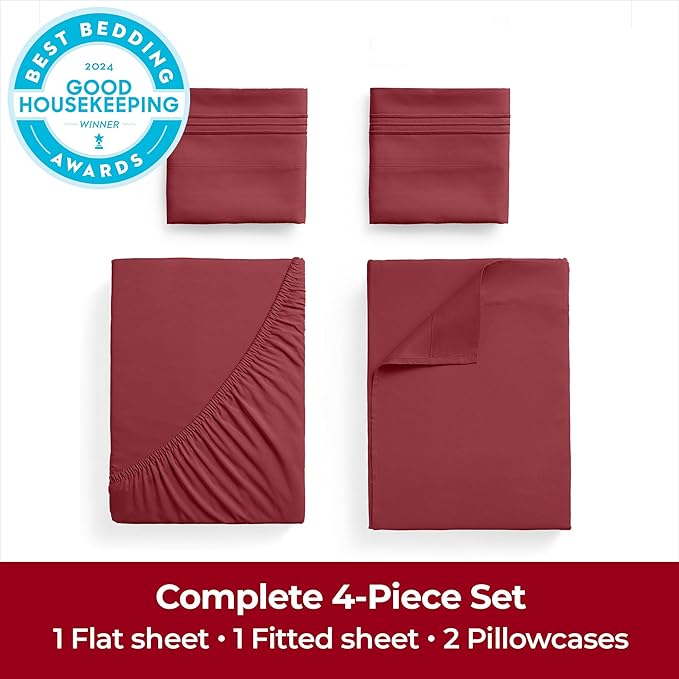 Mellanni Extra Deep Full Sheets - 4 PC Iconic Collection Bedding - Hotel Luxury, Ultra Soft, Cooling Bed Sheets - Wrinkle, Fade, Stain Resistant (Full, Brick Red)