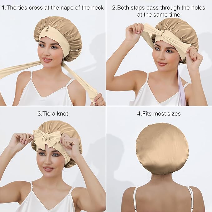 ZIMASILK 100% Mulberry Silk Bonnet for Sleeping Women Long Hair Double Layer Silk Hair Wrap with Tie Band Stay On Head (1Pc, Light Coffee)