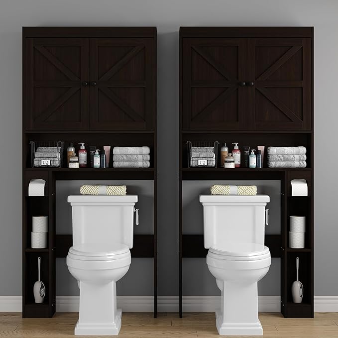 Furniouse Over The Toilet Storage Cabinet Bathroom Organizer with Barn Doors & Adjustable Shelf Rustic Over Toilet Storage Shelf for Bathroom, Espresso