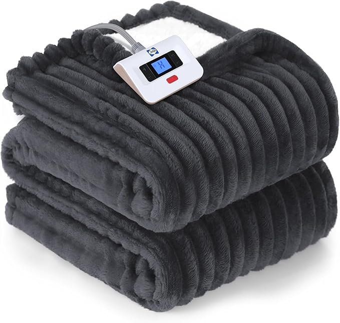 SEALY Electric Blanket Full Size, Soft Ribbed Flannel to Sherpa Reversible Heated Blanket with 10 Heat Settings & 1-12 Hours Auto-Off Overheat Protection, Machine Washable, 72"x84" Charcoal