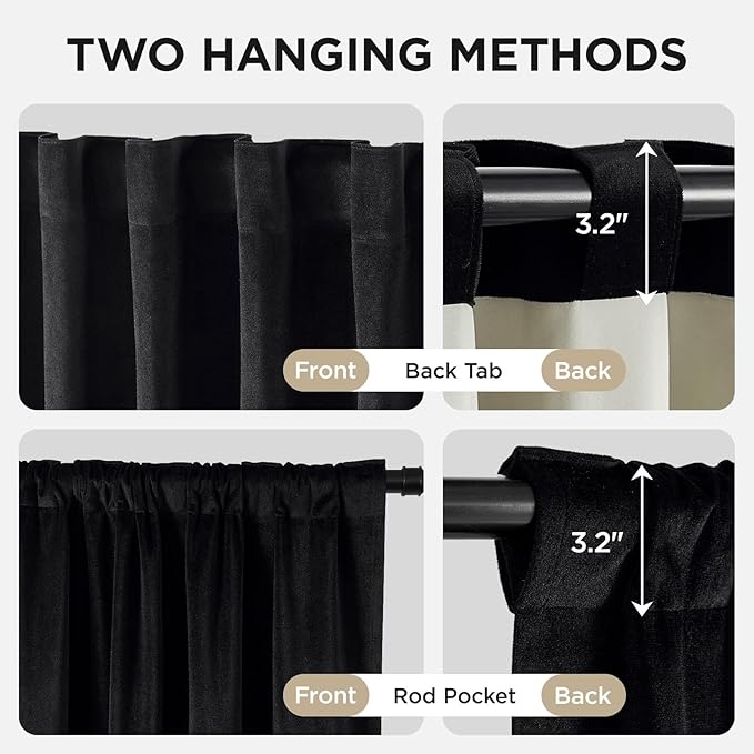Joydeco Black 100% Blackout Curtains 96 Inch 2 Panels, Luxury Thermal Insulated Black Velvet Curtains for Bedroom Living Room, Soundproof Blackout Window Drapes, Rod Pocket & Back Tab (62W x 96L)