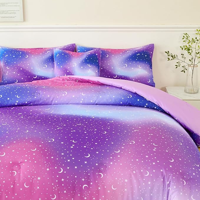 URBONUR 6Pcs Glitter Comforter Set for Girls Queen Size Colorful Gradient Galaxy Bedding Set Kids Teen Comforter Sets Bed in A Bag Queen (Purple Blue)