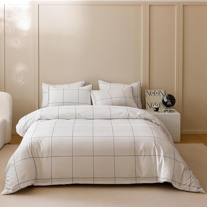 KAREVER White Grid Comforter Queen Women Navy Blue Square Lines Checkered Bedding Set Queen White Plaid Comforter Queen Size