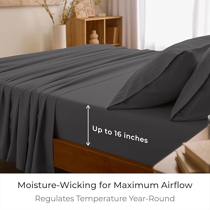 Mellanni California King Sheets Set - 4 PC Iconic Collection Bedding - Hotel Luxury, Extra Soft, Cooling Bed Sheets - Wrinkle, Fade, Stain Resistant (Cal King, Gray)