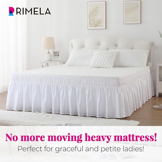 RIMELA White Bed Skirt Queen Size 12 Inch Drop, Elastic Bed Skirting for Bed Base and Frame, Bedding Dust Ruffle Easy to Install, Lightweight Wrap Around Adjustable Bedskirt