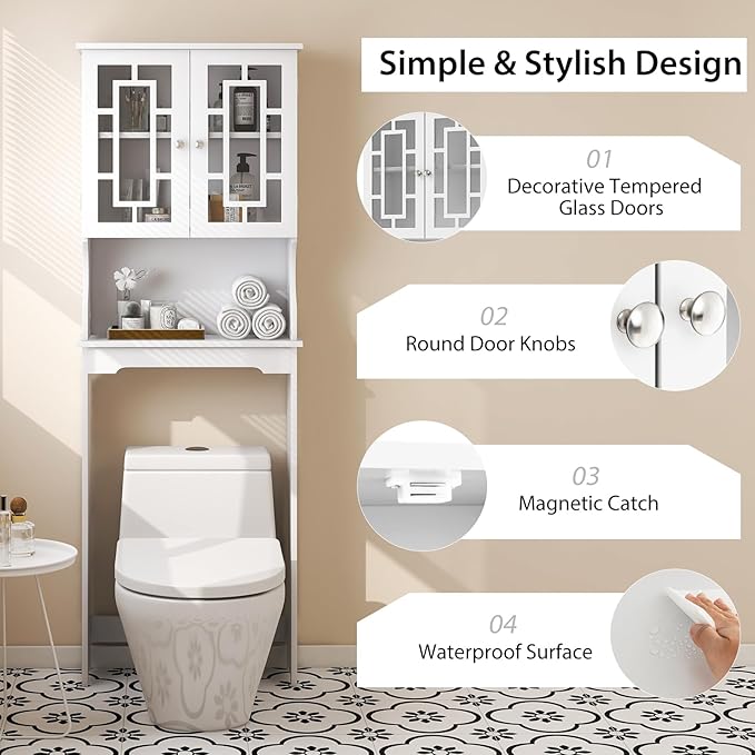 BestComfort Over The Toilet Storage Cabinet, Home Bathroom Space Saver Organizer Above Toilet, Double Doors and Adjustable Shelf, Wooden Freestanding Toilet Storage Rack Unit, 67 in H (White)