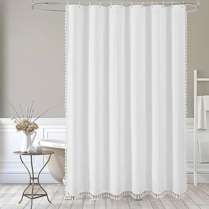 MitoVilla Boho Extra Long Shower Curtain 72 x 96, White Modern Farmhouse 96 inch XL Polyester Linen Texture Tassel Fabric Shower Curtain Set with Hooks for Cottagecore Country Bathroom Decor,White