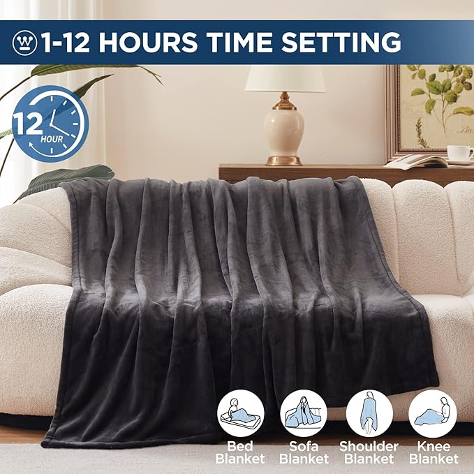 Westinghouse Electric Blanket Twin Size, Super Cozy Soft Flannel 62"" x 84"" Heated Blanket with 10 Fast Heating Levels & 1-12 Auto-Off, Machine Washable, ETL&FCC Certification, Charcoal