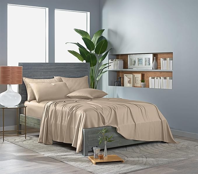 Pure Bamboo Split King Sheets, Genuine 100% Organic Viscose Derived from Bamboo Bed Sheet Set, Soft & Cooling, Double Stitching *Not for Split Top (Split King, Almond)