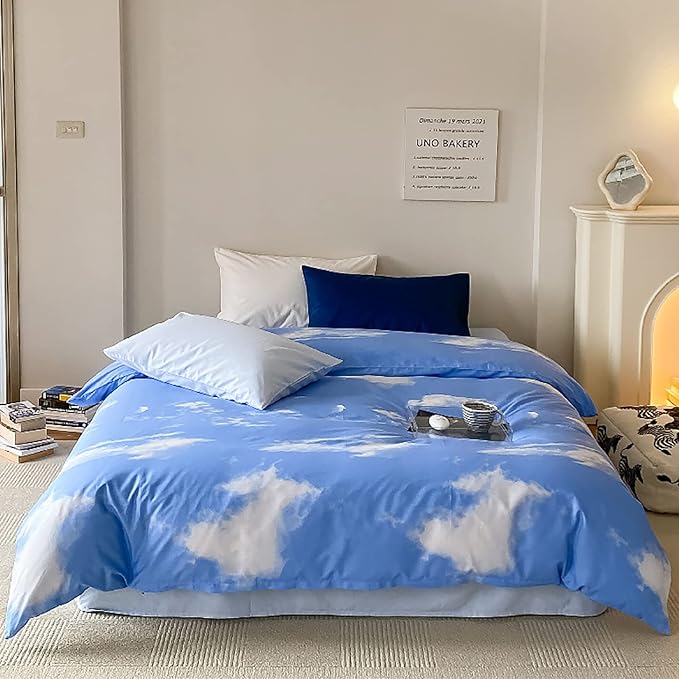 KAREVER Blue Cloud Comforter Set Cal King Size Sky Theme Bedding Women 3 Pieces Soft Light Blue California King Plus Size Bed Blanket Set All Season