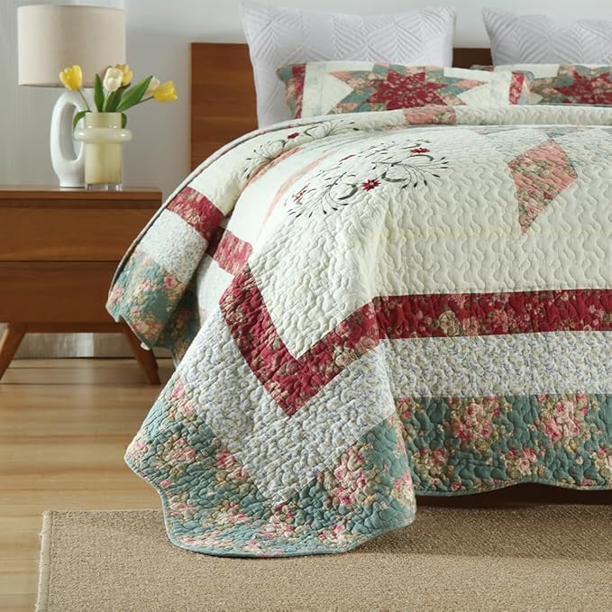 Cotton Bedspread Quilt Bedding Sets, 3 Pieces Reversible Coverlets Comforters Star with Red Floral Real Patchwork Bedspread, King Size