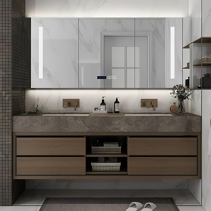 68IN Double Sink Bathroom Vanity, Floating Modern Bathroom Vanity Include Smart Defog Mirror Cabinet with LED Light, Solid Wood Vanities with Integrated Sink and Drawers Storage