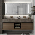 84IN Double Sink Bathroom Vanity, Floating Modern Bathroom Vanity Include Smart Defog Mirror Cabinet with LED Light, Solid Wood Vanities with Integrated Sink and Drawers Storage