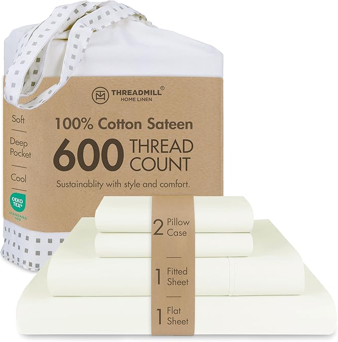 Threadmill 100% Cotton Sheets for Queen Size Bed - 600 Thread Count Queen Bed Sheets Set with 16” Deep Pocket - Sateen Weave 4-Piece Bedding Set with Cooling Effect, Ivory
