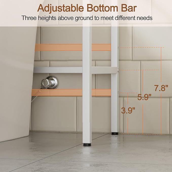 3-Tier Over The Toilet Storage, Bathroom Organizer, Space-Saving, Above Toilet Storage Rack with 4 Hooks and Paper Holder, Metal Shelf, White