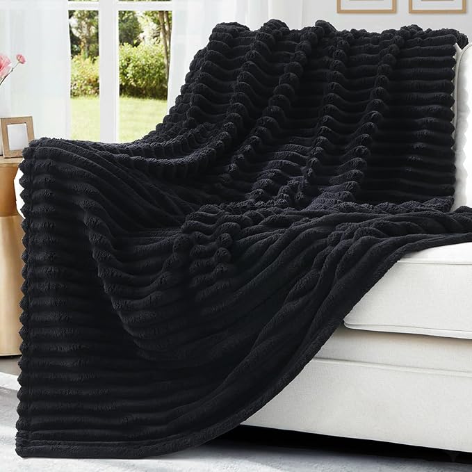 decorUhome Christmas Soft Fleece Black Throw Blanket for Couch, Cozy Fluffy Plush Flannel Striped Blanket for Sofa Bed, Lightweight Decorative Ribbed Fuzzy Blanket for Woman, 50x60 Inches